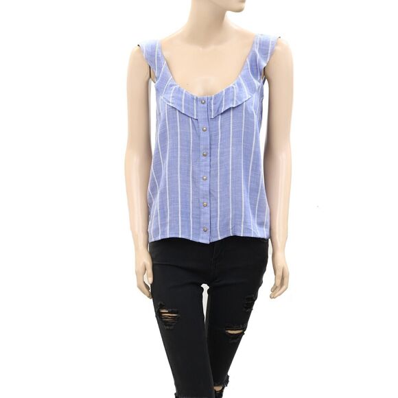 Sezane Manon Striped Blouse Tank Top Ruffle Buttondown Embroidered L-42 279535 - Picture 4 of 8